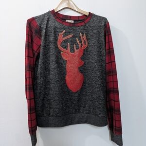 TRUESELF plaid sleeve embellished deer head Knit Sweater Women's Large